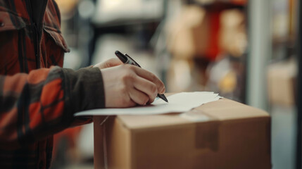 A person is writing on a box with a pen
