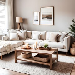 Simple, cozy beige living room with white sofa, decorative pillows, wooden table, candles, natural decorations