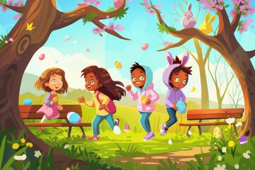 A group of happy children are playing with Easter eggs under a tree in the park, surrounded by green grass. They laugh and have fun, like characters in a cartoon AIG42E