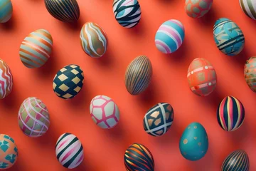 Poster a bunch of colorful easter eggs on a red background . High quality AIG42E © Summit Art Creations