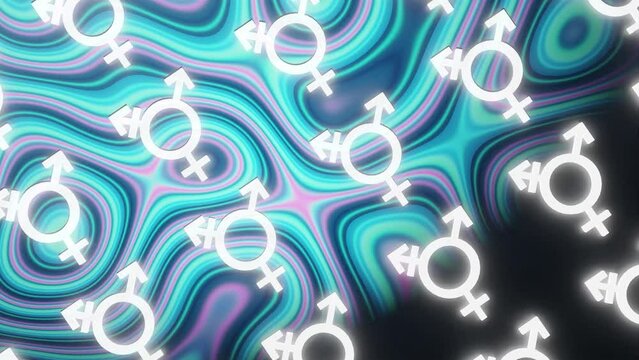 Transgender symbol moving across background with colorful blue wavy pattern
