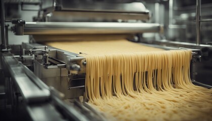 Fresh pasta emerges from a machine in an industrial setting, arranged for drying or packaging under warm lighting.