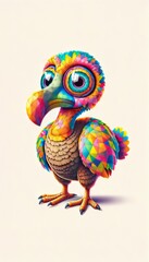 whimsical dodo bird with overly large, multicolored polygonal eyes