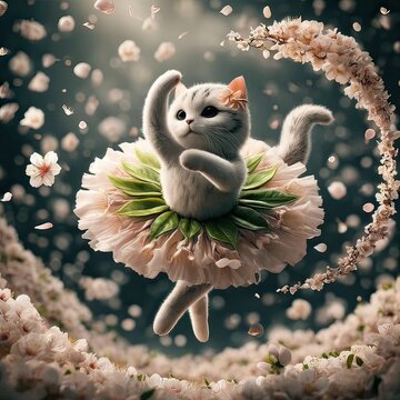 A kitty ballerina is dancing on a Cherry blossoms. She wears a tutu made of Cherry blossoms petals, leaves, and stems. Her acrobatic jump creates a spiral