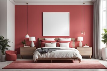 Contemporary Bedroom Mockup: Blank Canvas with Light Red Accent, Modern Design