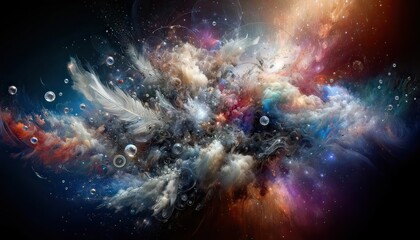 Abstract Cosmic Explosion with Feathers and Bubbles - obrazy, fototapety, plakaty