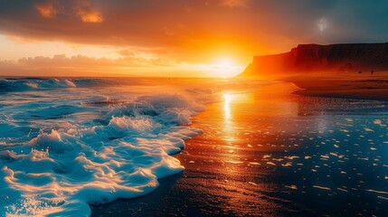 Amazing beach sunset with endless horizon and lonely figures in the distance. and incredible foamy waves. Volcanic hills in the background. - obrazy, fototapety, plakaty