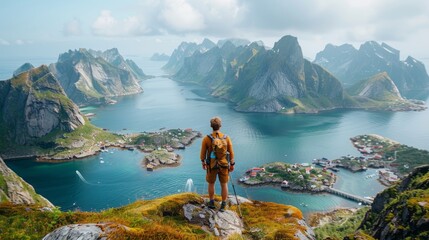 Amazing epic shot of young man hiker stand on top of mountain.  Incredible summer views of scandinavian travel lifestyle. - obrazy, fototapety, plakaty