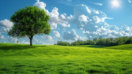 Fototapeta premium Green field. tree and blue sky.Great as a background