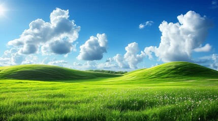 Green grass field on small hills and blue sky with clouds - obrazy, fototapety, plakaty