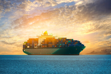 Container ship sails during sunset Sea freight international Export-import business, logistics,...