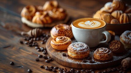 Snacks, crispy fresh pastries and coffee mugs. Food ideas. Bakery. Breakfast. Taste. Freshness.