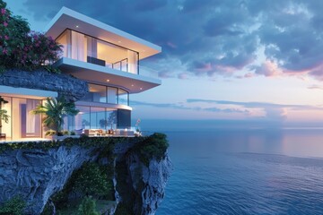 modern villa on the edge of the cliff - obrazy, fototapety, plakaty