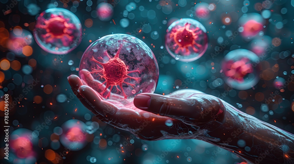 Wall mural abstract image. scientist holding a hologram of platelets inside a bubble. science technology concep