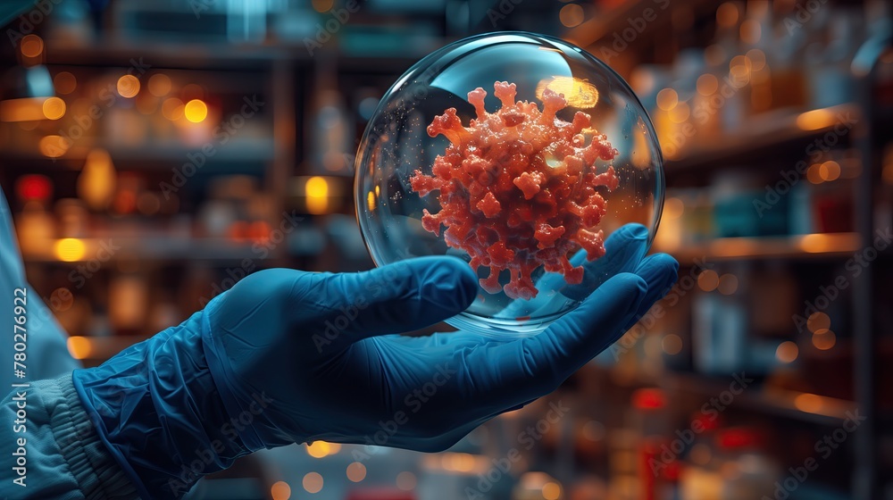 Wall mural abstract image. scientist holding a hologram of platelets inside a bubble. science technology concep