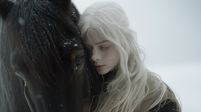 A young woman with white skin, long white hair, and pink eyes expresses her love for a dark black horse on a white background.