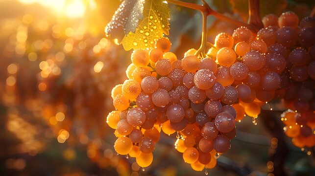 A photorealistic image capturing the sun-kissed grapevines of a lush vineyard at sunrise, with dew-covered leaves and clusters of ripe grapes ready for harvest.