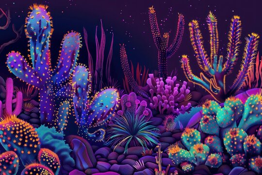 purple cactus and colorful plants on a purple background