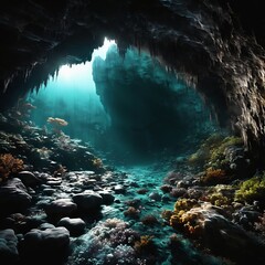 Underwater cave entrance. Background for design, print, card (greeting card), banner, poster, flyer, advertising, wallpaper.