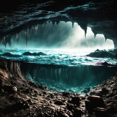 Underwater cave entrance. Background for design, print, card (greeting card), banner, poster, flyer, advertising, wallpaper.