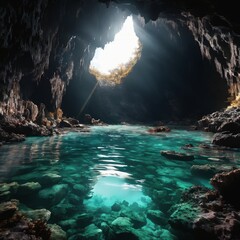 Underwater cave entrance. Background for design, print, card (greeting card), banner, poster, flyer, advertising, wallpaper.
