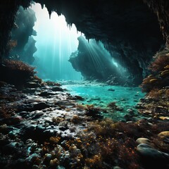 Underwater cave entrance. Background for design, print, card (greeting card), banner, poster, flyer, advertising, wallpaper.