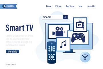 Streaming media service web banner or poster. Online platforms subscription. Smart TV, landing page template. Screen with media content - educational, entertainment and news.