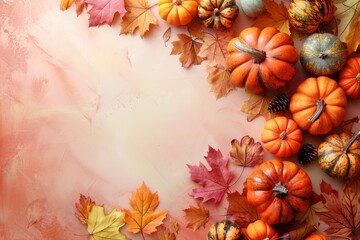 Assorted pumpkins and autumn leaves on a textured background. Flat lay composition with copy space. Autumn harvest and Thanksgiving concept. Design for greeting card, invitation, poster