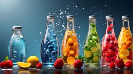 Large drops of condensation covered numerous bottles of chilled fruit water, tea, or soda. a cool beverage. illustrations for brochures, covers, advertisements, marketing campaigns, and presentations. - obrazy, fototapety, plakaty