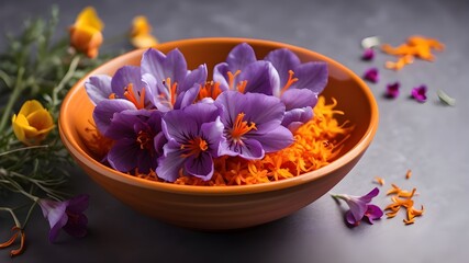 Obraz na płótnie Canvas Top view of a saffron bowl with its flowers against a clean studio background, offering plenty of room for text or a product advertisement