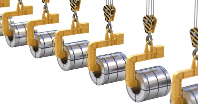 Moving column of coil lifter with steel coil and crane hook isolated on white background - 3D animation seamlessly loopable
