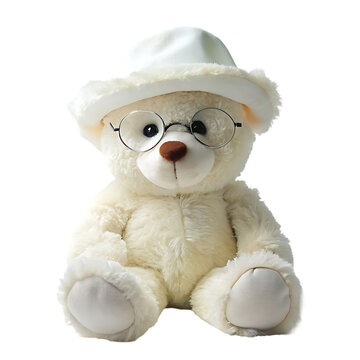white teddy bear wearing hat and glasses transparent background