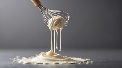close-up of a whisk holding cream against a stark gray background, leaving plenty of room for text or goods