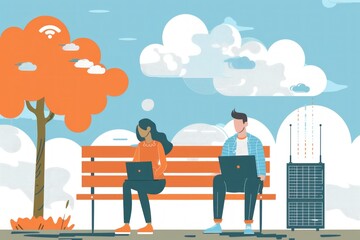 Naklejka premium couple sitting on a wooden bench with laptops and cloud computing tower in front of them