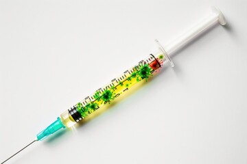 Fototapeta premium syringe filled with green and yellow viruses inside