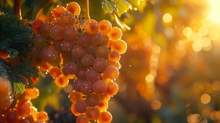 A photorealistic image capturing the sun-kissed grapevines of a lush vineyard at sunrise, with dew-covered leaves and clusters of ripe grapes ready for harvest. - obrazy, fototapety, plakaty