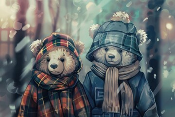 two cartoon teddy bears in plaids - obrazy, fototapety, plakaty