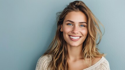 Bright-eyed woman with a stunning smile. A radiant woman with bright eyes and a natural smile in a knit sweater - obrazy, fototapety, plakaty