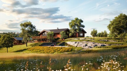 Obraz premium Log cabin surrounded by lush greenery. An idyllic log cabin nestled amongst vibrant green landscape with a classic blue car parked outside