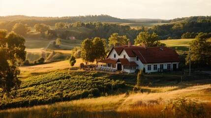 Woodland farmhouse bathed in warm light. A charming white farmhouse with a red roof, basking in the warm golden light of the setting sun - obrazy, fototapety, plakaty