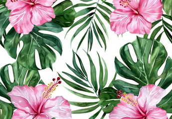 Tropical leaves and flowers seamless pattern with pink hibiscus, green monstera plant on white background