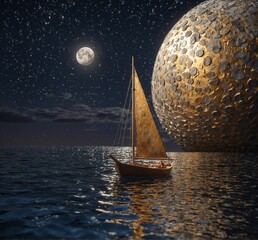 sailing boat in the sea at night with moon. 3d render