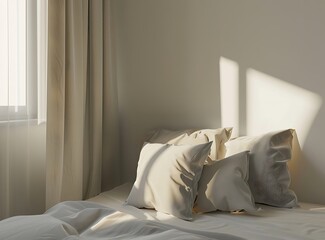 A white single bed with grey pillows and beige curtains