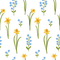 Fototapeta na wymiar Seamless pattern of bright spring flowers on a white background. Vector illustration with floral ornament. Stylized print for fabric, packaging, wallpaper, home textiles.