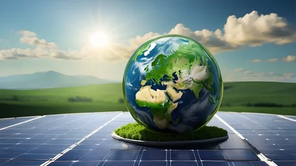 Foto op Plexiglas An image of the green earth on a solar panel with a large, hazy background for text or a product advertisement © UZAIR