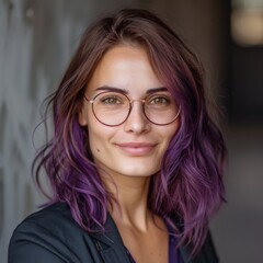 Woman with purple hair smiling at the camera. A woman with vibrant purple-dyed hair smiles warmly at the camera, her modern glasses framing her joyful expression