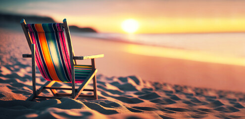 Wooden beach chair on the sandy beach at sunset. Sea view. Generative AI
