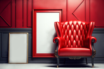 Modern apartment with red leather armchair in bright red colors and blank picture frames on the wall. Generative AI	