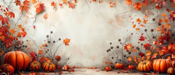 Pumpkins and falling leaves against a foggy background. Autumn harvest and Halloween concept. Design for banner, greeting card, poster