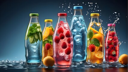 Large drops of condensation covered numerous bottles of chilled fruit water, tea, or soda. a cool beverage. illustrations for brochures, covers, advertisements, marketing campaigns, and presentations.